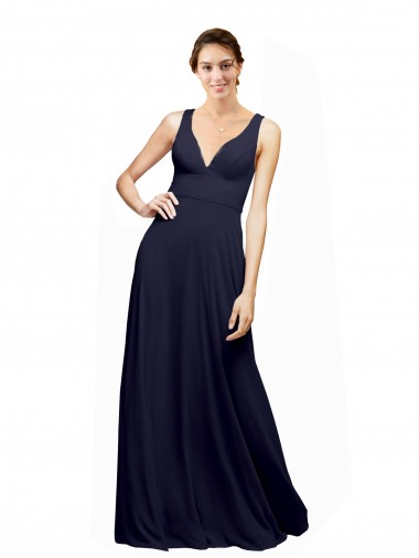 Bleu marine foncé Trapèze Col V Mousseline Longue Robes demoiselle d'honneur Pas Cher