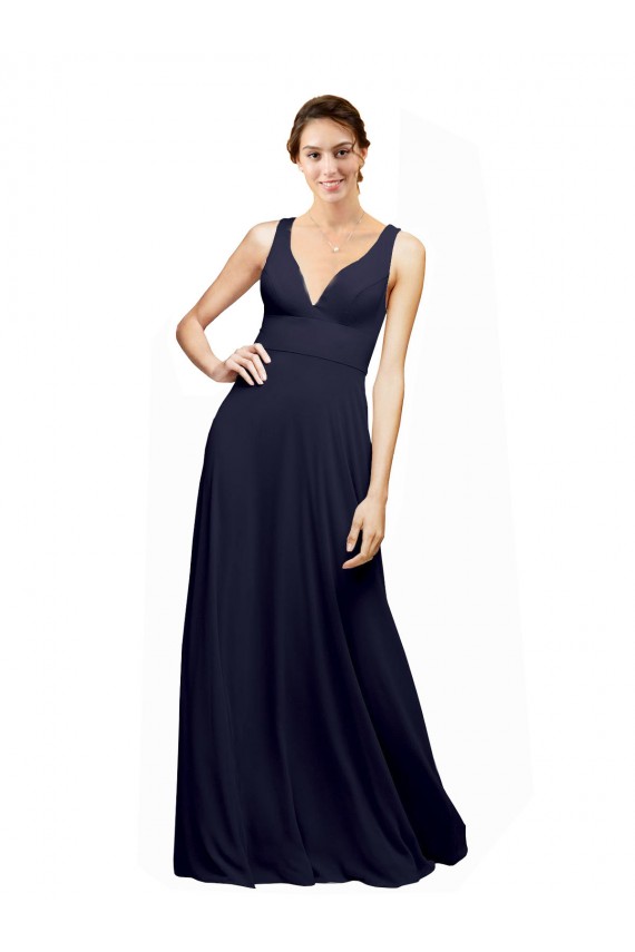 Bleu marine foncé Trapèze Col V Mousseline Longue Robes demoiselle d'honneur Pas Cher