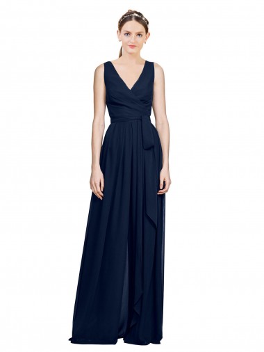 Bleu marine foncé Trapèze Col V Mousseline Longue Robes demoiselle d'honneur Pas Cher