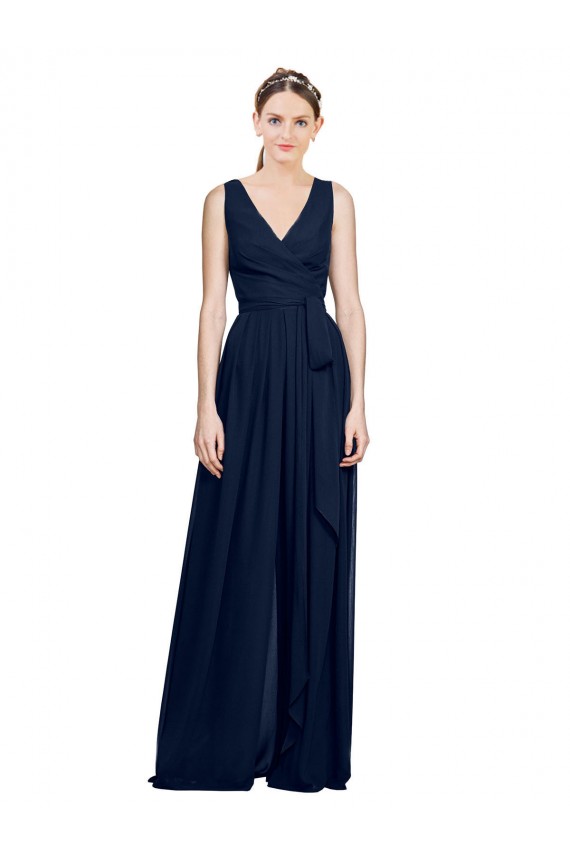 Bleu marine foncé Trapèze Col V Mousseline Longue Robes demoiselle d'honneur Pas Cher