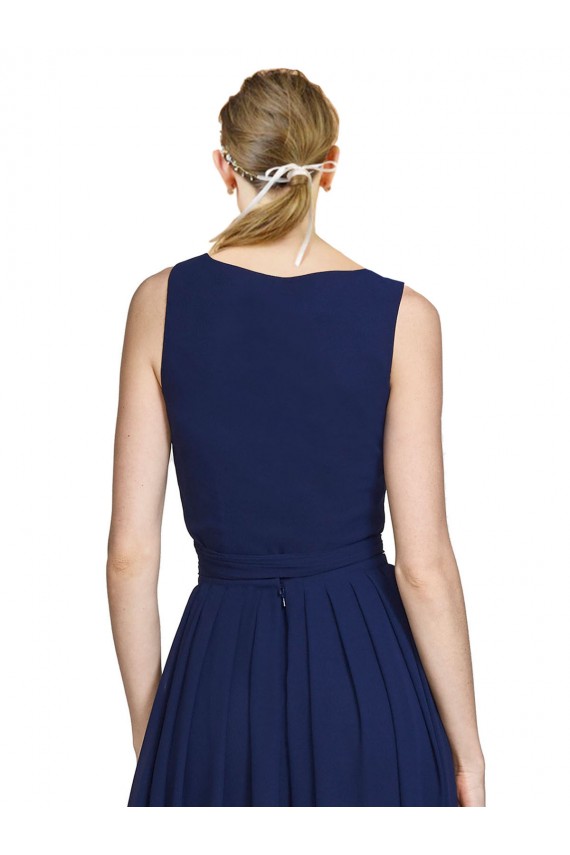 Bleu marine foncé Trapèze Col V Mousseline Longue Robes demoiselle d'honneur Pas Cher