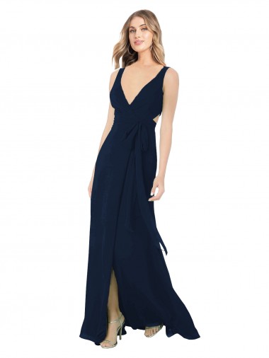Bleu marine foncé Trapèze Col V Mousseline Longue Robes demoiselle d'honneur Pas Cher