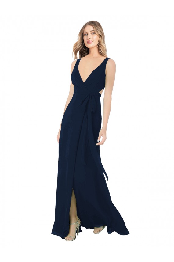 Bleu marine foncé Trapèze Col V Mousseline Longue Robes demoiselle d'honneur Pas Cher