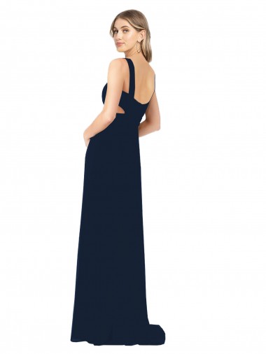 Bleu marine foncé Trapèze Col V Mousseline Longue Robes demoiselle d'honneur