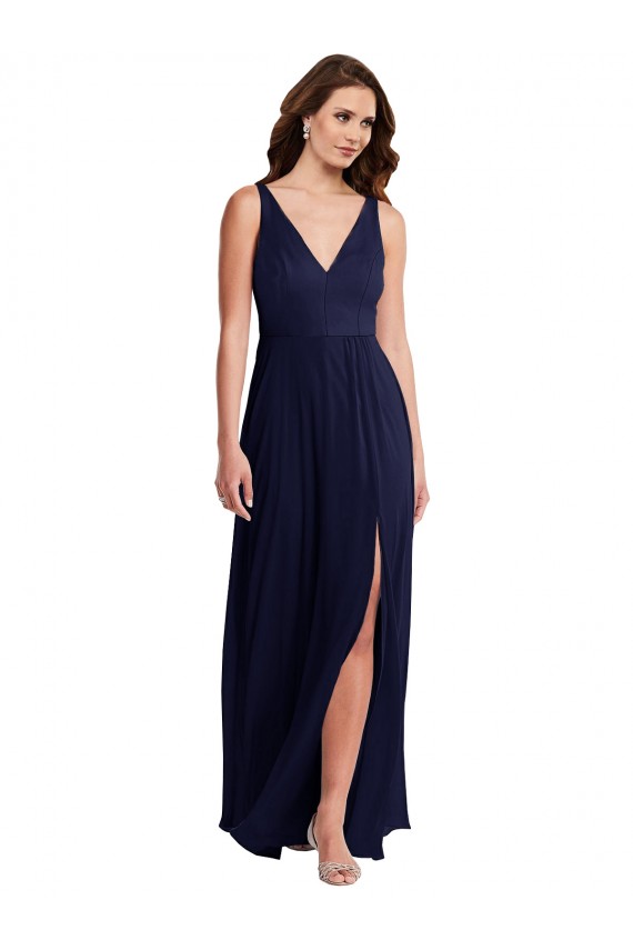 Bleu marine foncé Trapèze Col V Mousseline Longue Robes demoiselle d'honneur Pas Cher