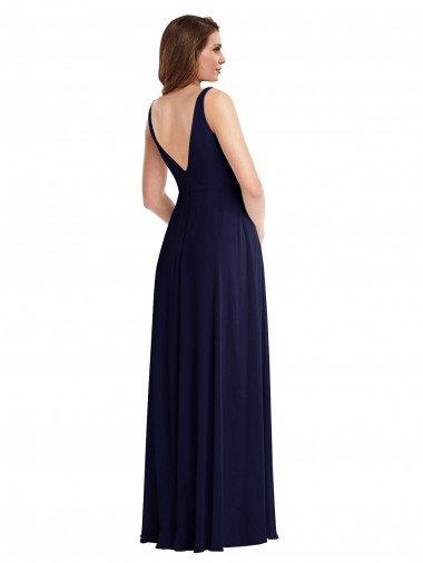 Bleu marine foncé Trapèze Col V Mousseline Longue Robes demoiselle d'honneur