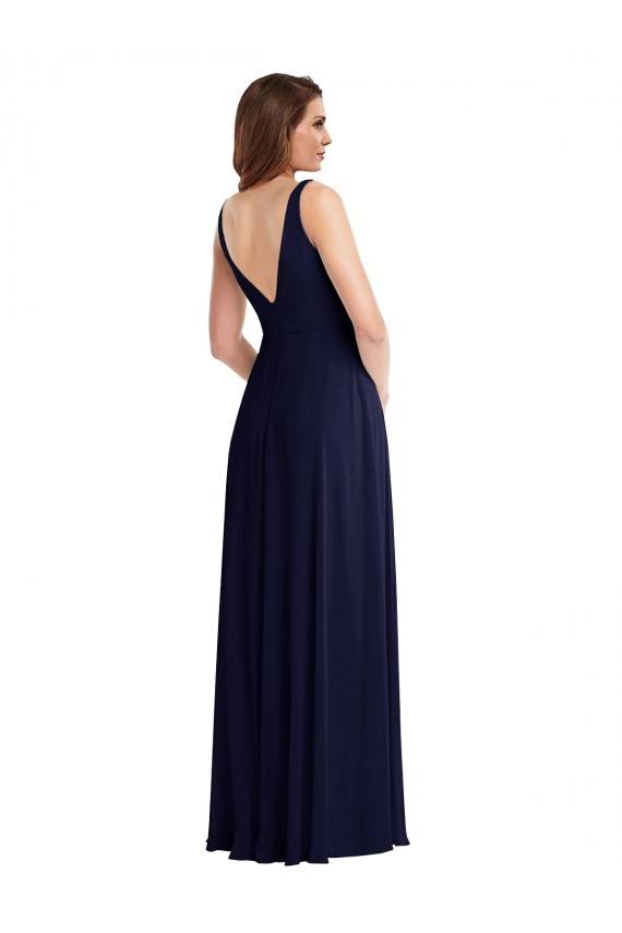 Bleu marine foncé Trapèze Col V Mousseline Longue Robes demoiselle d'honneur Pas Cher