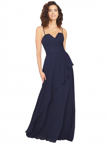 Bleu marine foncé Trapèze Col V Mousseline Longue Robes demoiselle d'honneur Pas Cher