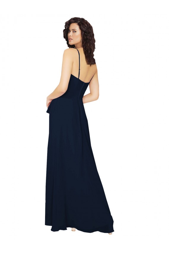 Bleu marine foncé Trapèze Col V Mousseline Longue Robes demoiselle d'honneur Pas Cher