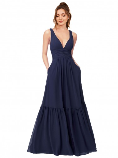 Bleu marine foncé Trapèze Col V Mousseline Longue Robes demoiselle d'honneur Pas Cher