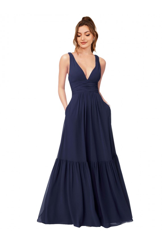 Bleu marine foncé Trapèze Col V Mousseline Longue Robes demoiselle d'honneur Pas Cher