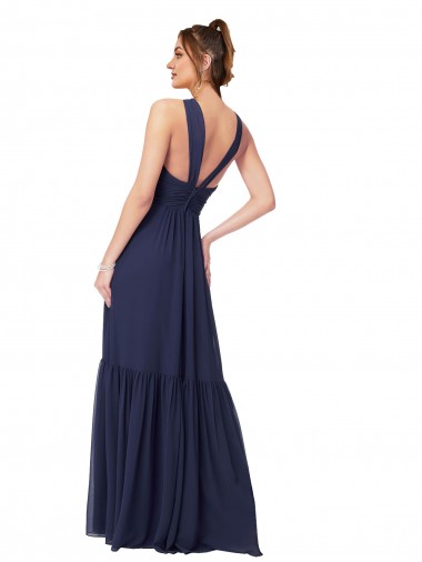 Bleu marine foncé Trapèze Col V Mousseline Longue Robes demoiselle d'honneur