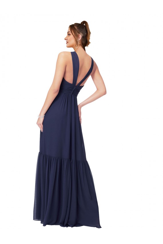 Bleu marine foncé Trapèze Col V Mousseline Longue Robes demoiselle d'honneur Pas Cher