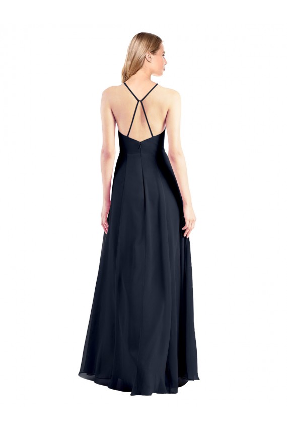 Bleu marine foncé Trapèze Col V Mousseline Longue Robes demoiselle d'honneur / Robes de bal Pas Cher