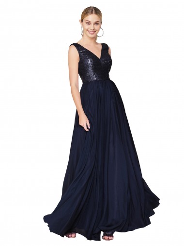 Bleu marine foncé Trapèze Col V Mousseline Paillette Longue Robes demoiselle d'honneur / Robes de bal Pas Cher