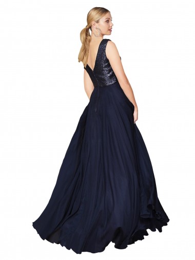 Bleu marine foncé Trapèze Col V Mousseline Paillette Longue Robes demoiselle d'honneur / Robes de bal