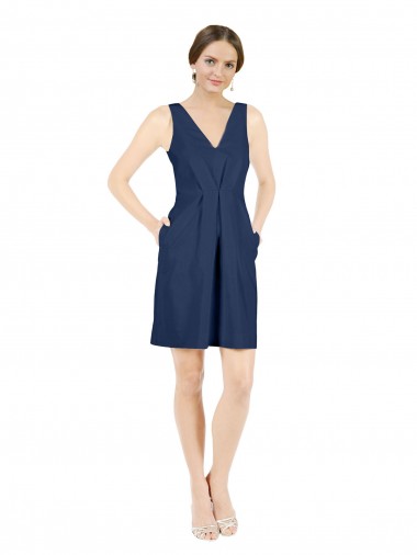 Bleu marine foncé Trapèze Col V Satiné Courte Robes demoiselle d'honneur / Robes de cocktail Pas Cher