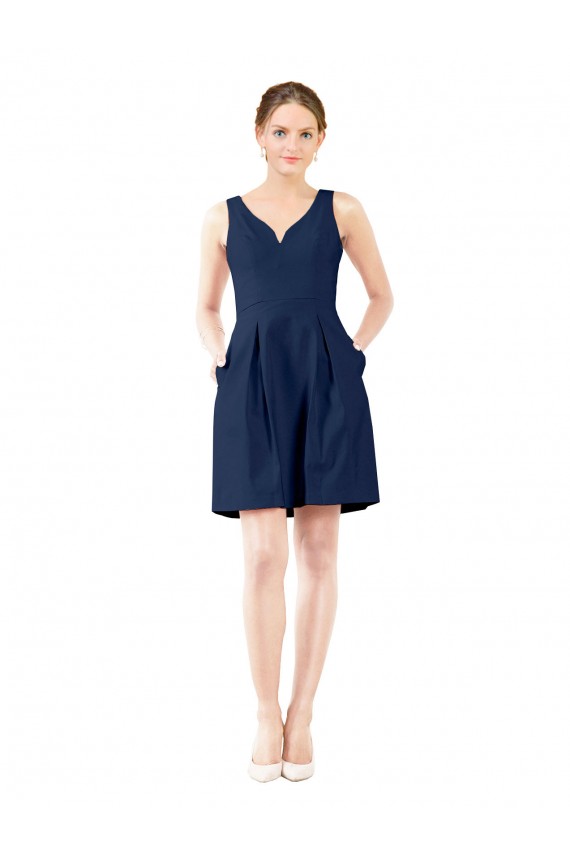 Bleu marine foncé Trapèze Col V Satiné Courte Robes demoiselle d'honneur / Robes de cocktail Pas Cher