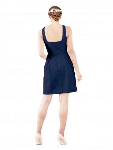 Bleu marine foncé Trapèze Col V Satiné Courte Robes demoiselle d'honneur / Robes de cocktail