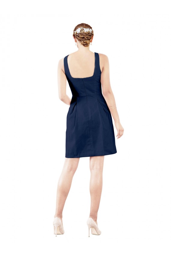 Bleu marine foncé Trapèze Col V Satiné Courte Robes demoiselle d'honneur / Robes de cocktail Pas Cher