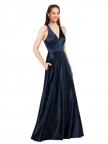 Bleu marine foncé Trapèze Col V Satiné Longue Formelles Robes demoiselle d'honneur / Robes de soirée / Robes de bal Pas Cher