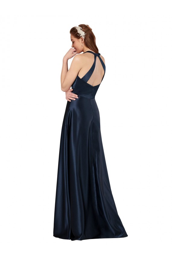 Bleu marine foncé Trapèze Col V Satiné Longue Formelles Robes demoiselle d'honneur / Robes de soirée / Robes de bal Pas Cher