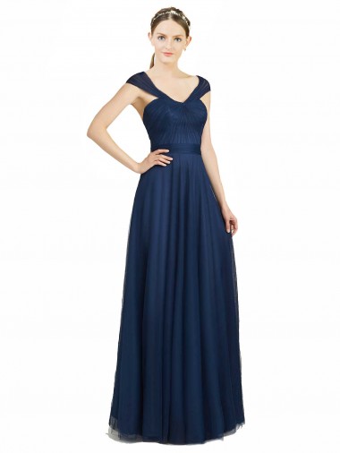 Bleu marine foncé Trapèze Col V Tulle Longue Robes demoiselle d'honneur Pas Cher