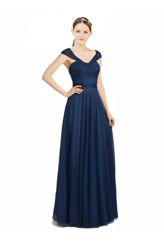 Bleu marine foncé Trapèze Col V Tulle Longue Robes demoiselle d'honneur Pas Cher