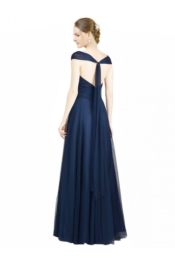 Bleu marine foncé Trapèze Col V Tulle Longue Robes demoiselle d'honneur Pas Cher