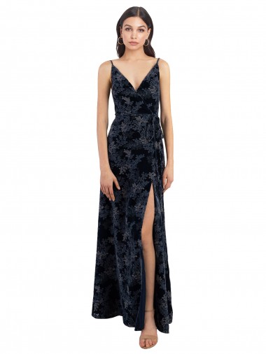 Bleu marine foncé Trapèze Col V Velours Floral Velours Stretch Longue Robes demoiselle d'honneur Pas Cher