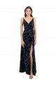 Bleu marine foncé Trapèze Col V Velours Floral Velours Stretch Longue Robes demoiselle d'honneur Pas Cher