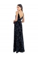 Bleu marine foncé Trapèze Col V Velours Floral Velours Stretch Longue Robes demoiselle d'honneur Pas Cher