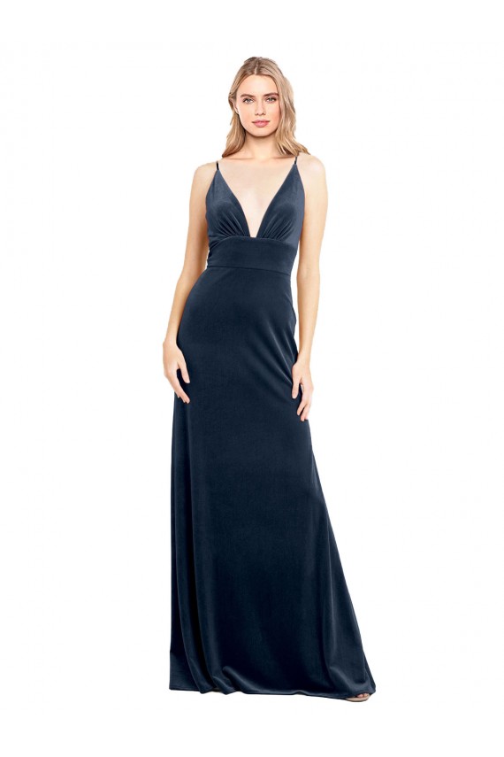 Bleu marine foncé Trapèze Col V Velours Stretch Longue Robes demoiselle d'honneur / Robes de bal Pas Cher