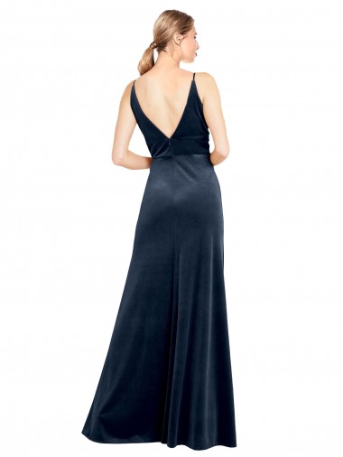 Bleu marine foncé Trapèze Col V Velours Stretch Longue Robes demoiselle d'honneur / Robes de bal