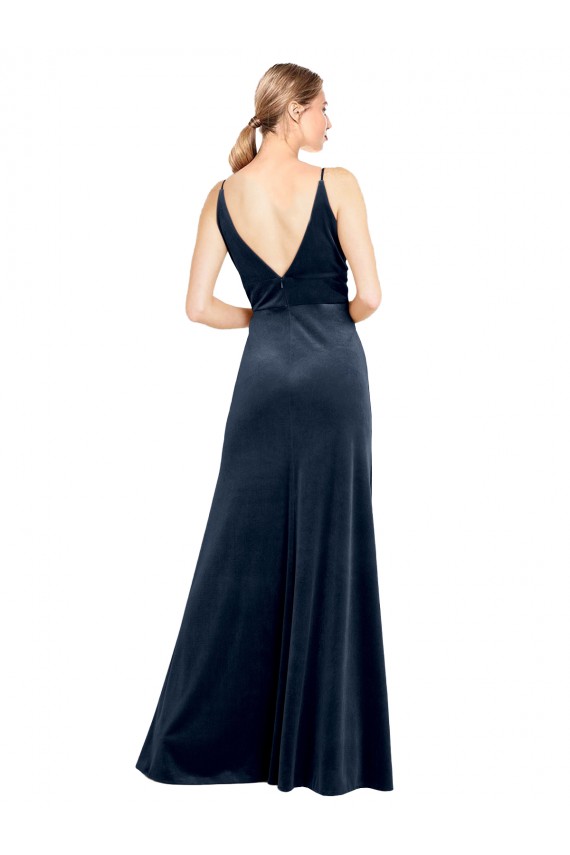 Bleu marine foncé Trapèze Col V Velours Stretch Longue Robes demoiselle d'honneur / Robes de bal Pas Cher