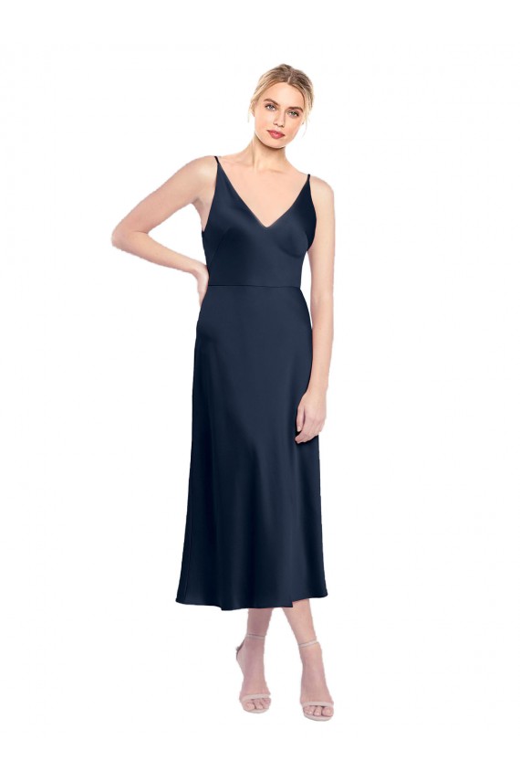 Bleu marine foncé Trapèze Col V midi Satiné Stretch Courte Robes demoiselle d'honneur / Robes de soirée / Robes de cocktail Pas Cher