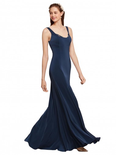 Bleu marine foncé Trapèze Col rond Crêpe Stretch Longue Formelles Robes demoiselle d'honneur / Robes de soirée / Robes de bal Pas Cher