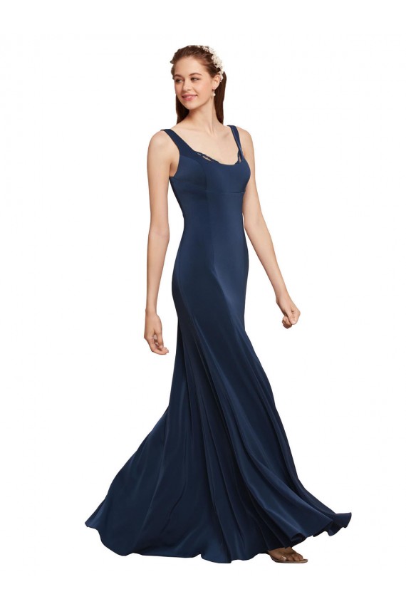 Bleu marine foncé Trapèze Col rond Crêpe Stretch Longue Formelles Robes demoiselle d'honneur / Robes de soirée / Robes de bal Pas Cher