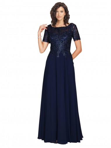 Bleu marine foncé Trapèze Col rond Mousseline Longue Robes demoiselle d'honneur / Robes de bal Pas Cher