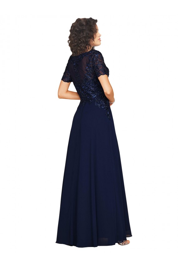 Bleu marine foncé Trapèze Col rond Mousseline Longue Robes demoiselle d'honneur / Robes de bal Pas Cher