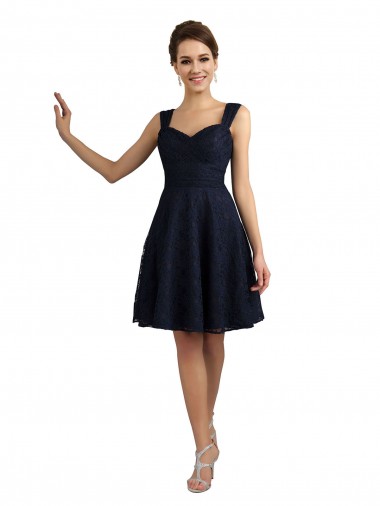 Bleu marine foncé Trapèze Dentelle Courte Robes demoiselle d'honneur / Robes de cocktail Pas Cher
