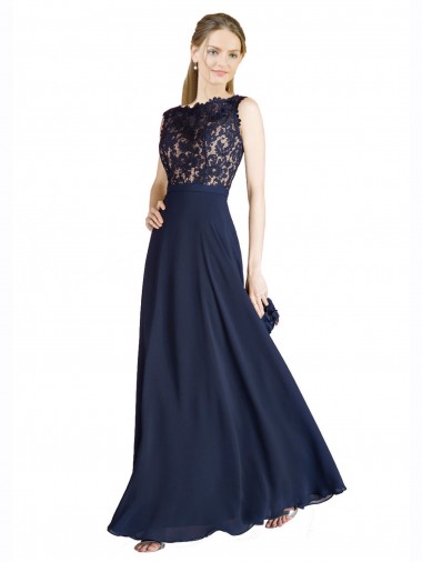 Bleu marine foncé Trapèze Illusion Mousseline Dentelle Longue Robes demoiselle d'honneur / Robes de bal Pas Cher