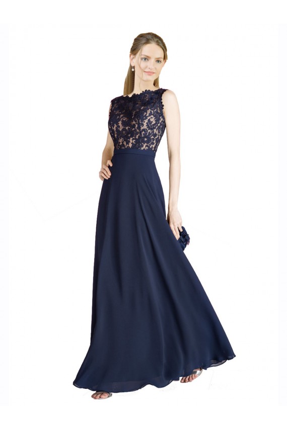 Bleu marine foncé Trapèze Illusion Mousseline Dentelle Longue Robes demoiselle d'honneur / Robes de bal Pas Cher