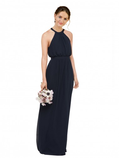 Bleu marine foncé Trapèze Licou Col Haut Mousseline Longue Robes demoiselle d'honneur Pas Cher