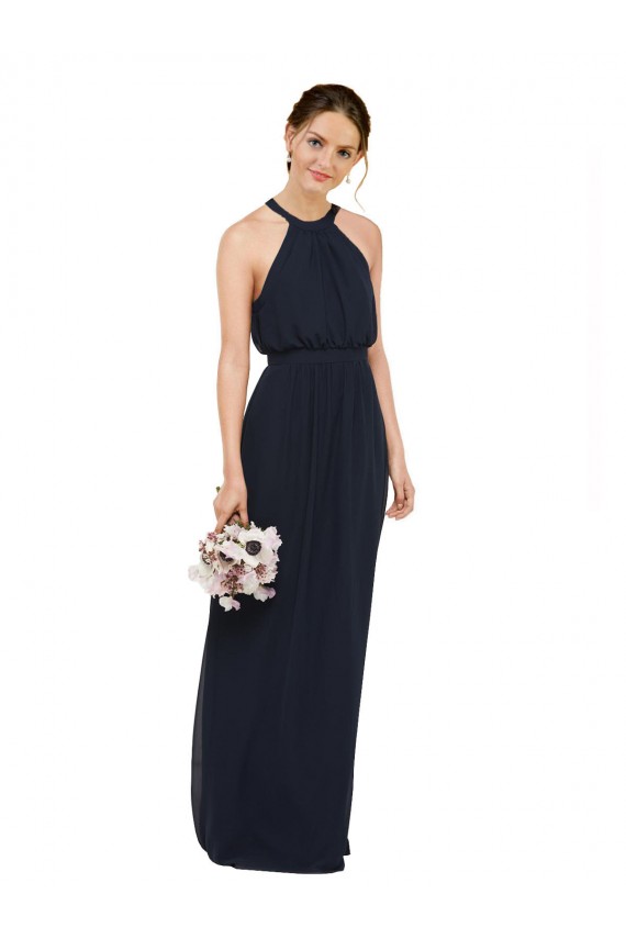 Bleu marine foncé Trapèze Licou Col Haut Mousseline Longue Robes demoiselle d'honneur Pas Cher