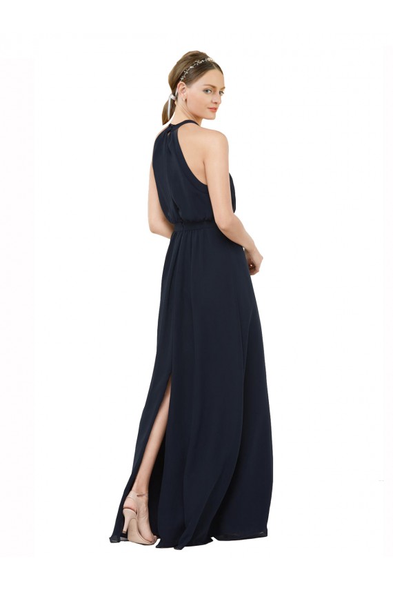 Bleu marine foncé Trapèze Licou Col Haut Mousseline Longue Robes demoiselle d'honneur Pas Cher
