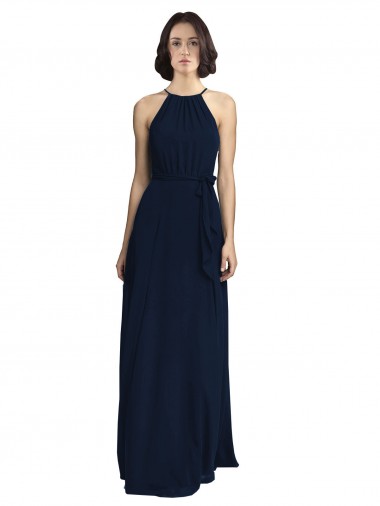 Bleu marine foncé Trapèze Licou Col Haut Mousseline Longue Robes demoiselle d'honneur Pas Cher