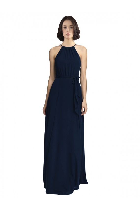 Bleu marine foncé Trapèze Licou Col Haut Mousseline Longue Robes demoiselle d'honneur Pas Cher