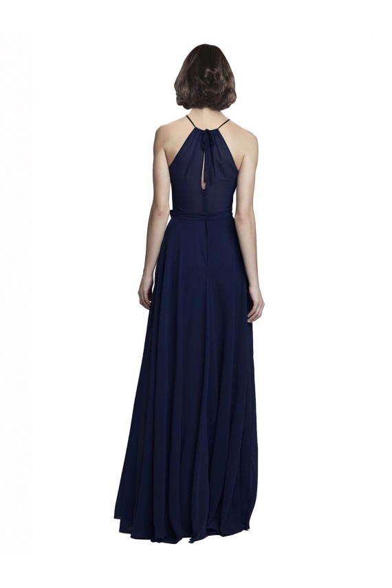 Bleu marine foncé Trapèze Licou Col Haut Mousseline Longue Robes demoiselle d'honneur Pas Cher