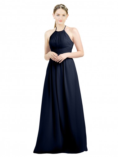 Bleu marine foncé Trapèze Licou Col Haut Mousseline Longue Robes demoiselle d'honneur Pas Cher